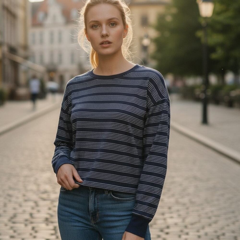LEVIS Striped Navy Blue Silver Glitter Tie Back Crop Top Long Sleeve Tee XS